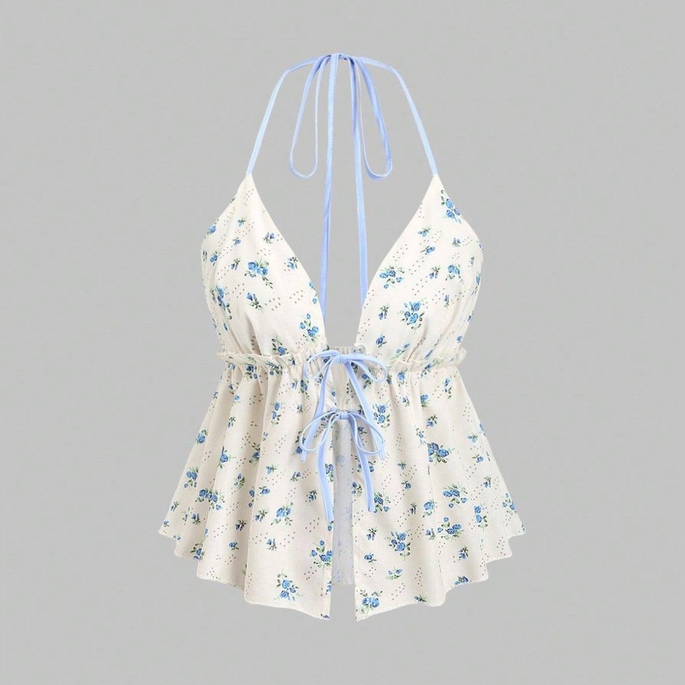 Floral Peplum Tie Front Sheer Top